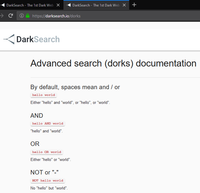 DarkSearch dorks