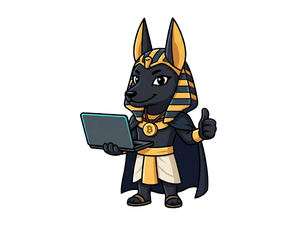 Mascotte Anubitux: Anubi chibi con laptop e ciondolo Bitcoin