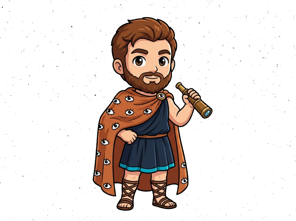 Mascotte Argos: Argo Panoptes chibi con cappa coperta di occhi e cannocchiale