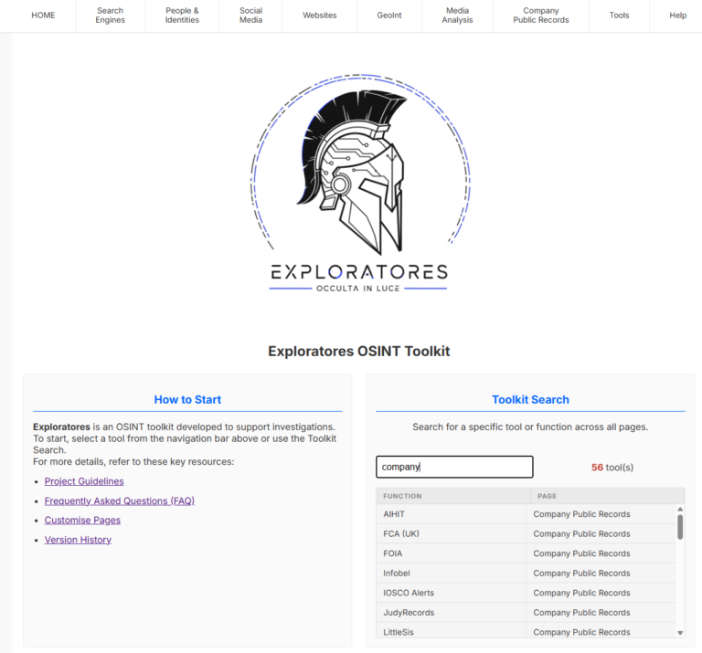Interfaccia principale di Exploratores, toolkit OSINT in un file HTML